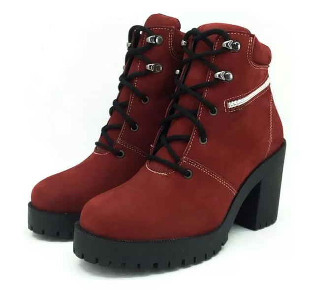 Bota Motociclista Feminina Com Cadarço Cano Curto Couro Vermelha