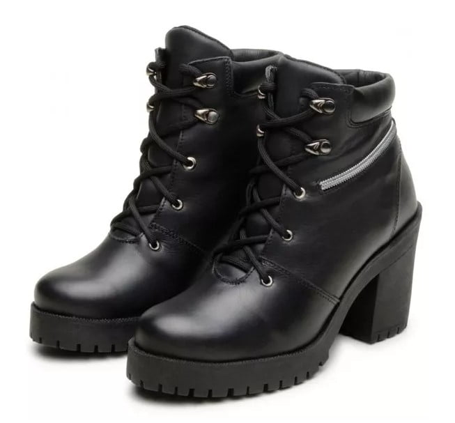 Bota Motociclista Feminina Com Cadarço Cano Curto Couro Preta