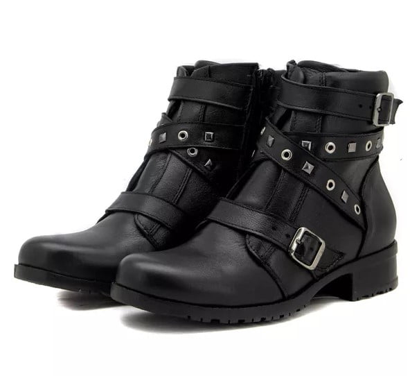 Coturno Motociclista Feminina Roqueira Cano Curto Couro Preto