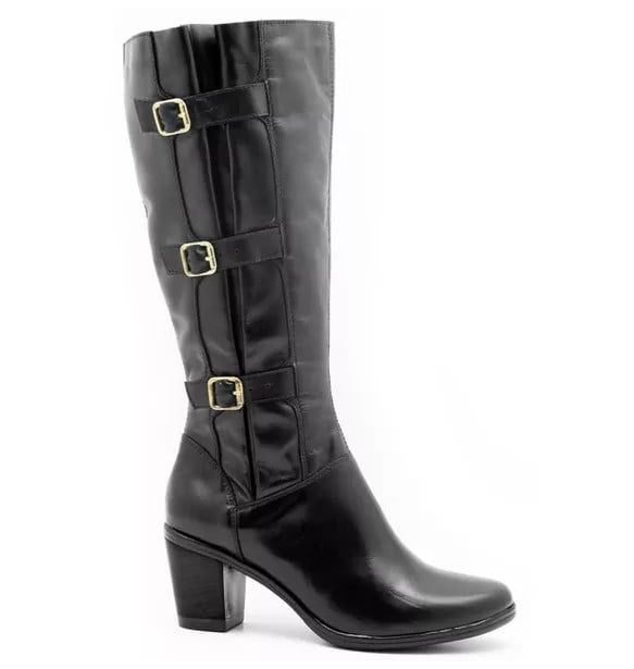 Bota Feminina Motociclista Cano Alto Panturrilha Grossa Couro Preta