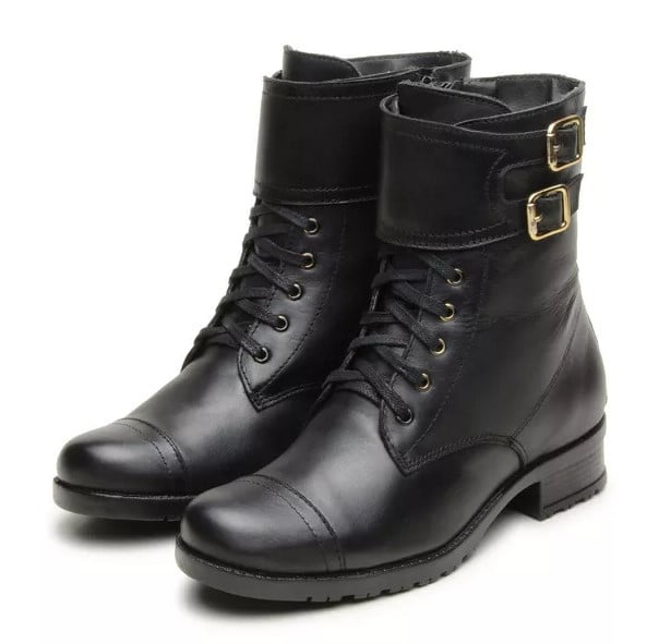 Bota Feminina Motociclista Cano Médio Couro Preta