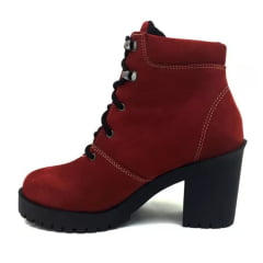 Bota Motociclista Feminina Com Cadarço Cano Curto Couro Vermelha