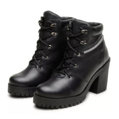 Bota Motociclista Feminina Cadarço Cano Curto Couro Preta