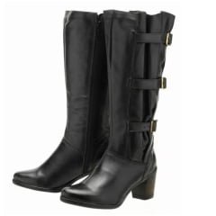 Bota Feminina Motociclista Cano Alto Elástico panturrilha Couro Preta