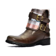 Bota Feminina Motociclista Fivela Estampa Xadrez Couro Marrom Café