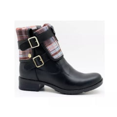 Bota Feminina Motociclista Fivela Estampa Xadrez Couro Preto