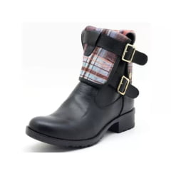Bota Feminina Motociclista Fivela Estampa Xadrez Couro Preto